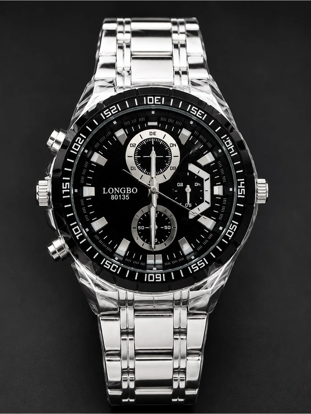 LONGBO Men's Silver Stainless Steel Watch with Black Dial